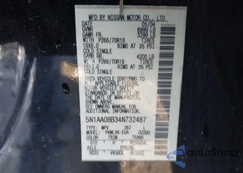 2004 Nissan Pathfinder Armada Le from USA, damaged, VIN 5N1AA08B34N732487